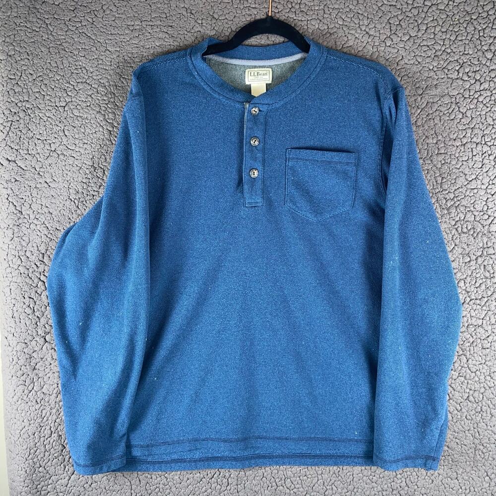 LL Bean Henley Men's Size Large Reg Blue Navy Layering Pocket Fleece ID #500557